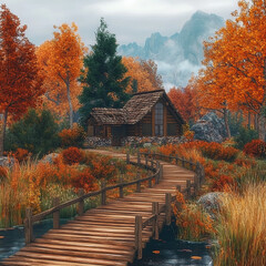 Autumn Serenity: A Wooden Pathway Leading to a Cozy Cabin in the Woods