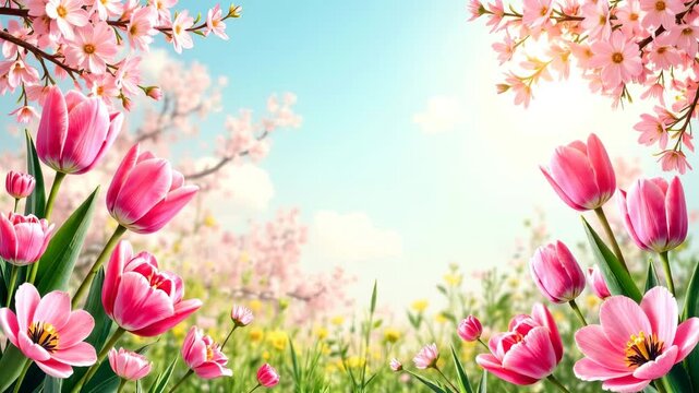 Spring background, frame with beautiful pink flowers on the background of green meadow and blue sky. Background for spring sales and discounts.