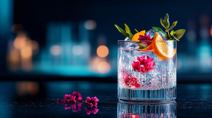 Exquisite crafted cocktail with flowers and citrus in a crystal glass at a modern bar