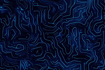 Obraz premium Abstract close-up of a glowing blue digital circuit board, showcasing intricate connections and technological design on a black background. 