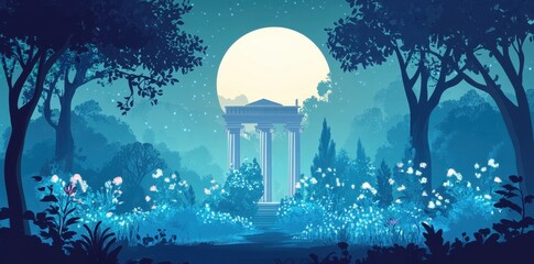 Moonlit Temple in a Serene Blue Forest Garden