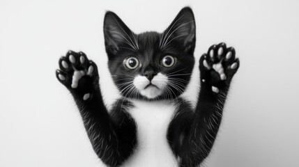 Obraz premium Playful Black and White Kitten with Outstretched Paws on White Background