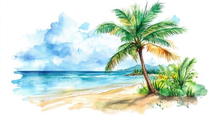 Fototapeta premium Holiday summer travel vacation illustration - Watercolor painting of palms, palm tree on teh beach with ocean sea, design for logo or t shirt, isolated on white background