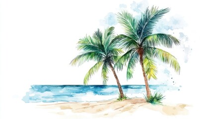 Obraz premium Holiday summer travel vacation illustration - Watercolor painting of palms, palm tree on teh beach with ocean sea, design for logo or t shirt, isolated on white background
