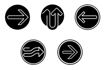 Set of 5 icons with various arrow designs, thin white outline on black circle background, high resolution