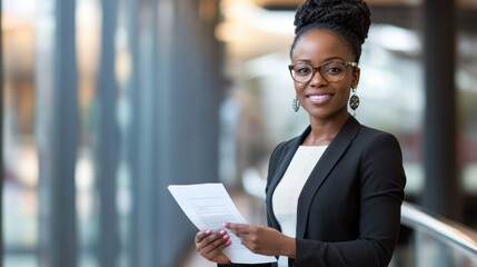 A confident businesswoman in professional attire, standing in a modern office, holding a document while presenting to her team