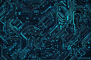Abstract close-up of a glowing blue digital circuit board, showcasing intricate connections and technological design on a black background.
