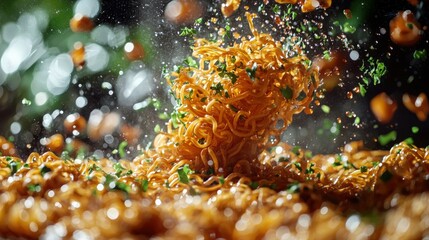 Fototapeta premium Delicious instant noodles swirling with broth and herbs in vibrant mid-air motion