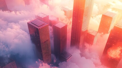 Aerial view of futuristic city skyscrapers piercing through pink and orange clouds at sunset.