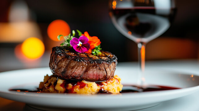Exquisite plate of gourmet steak with vibrant garnish and glass of red wine in restaurant setting