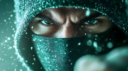 Angry hooded man, eyes intense, winter setting, dark background, possible use for thriller movie poster