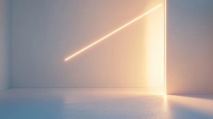 A minimalist interior with soft lighting and a diagonal light beam creating a serene atmosphere.