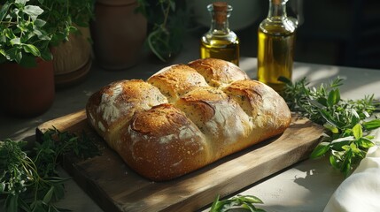Rustic artisan bread loaf on wooden board with olive oil and fresh herbs