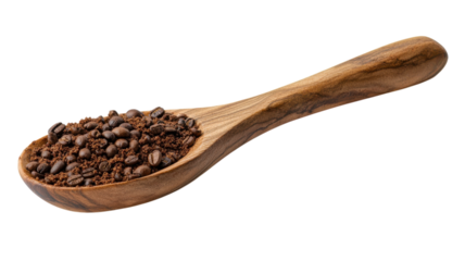 Wooden Spoon Surrounded by Freshly Ground Coffee Beans Ideal for Culinary and Coffee Lovers' Projects.