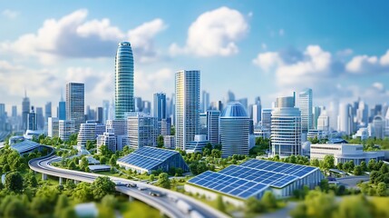 Obraz premium A futuristic cityscape with solar panels covering every building, generating enough energy to power the entire metropolis. 