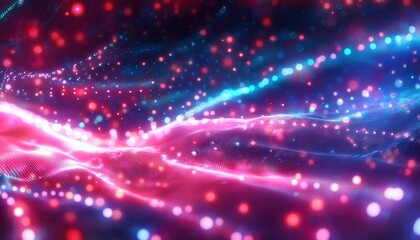 Obraz premium Abstract Digital Waves with Glowing Neon Pink and Blue Particles in a Futuristic and Vibrant Motion Design Background for Tech and Art Concepts