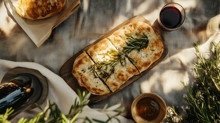 focaccia, włoski chleb, rozmaryn, sól morska, oliwa z oliwek, ocet balsamiczny, włoskie pieczywo, chleb domowy, stół rustykalny, obrus lniany, kieliszek wina, światło naturalne, ciepły klimat, włoska 