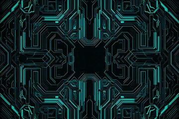Abstract close-up of a glowing blue digital circuit board, showcasing intricate connections and technological design on a black background.
