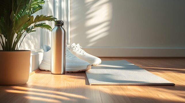 mata do jogi, buty sportowe, butelka ze stali nierdzewnej, styl minimalistyczny, sportowe akcesoria, podłoga drewniana, światło naturalne, sport, zdrowy styl życia, siłownia, trening, joggers, akcesor