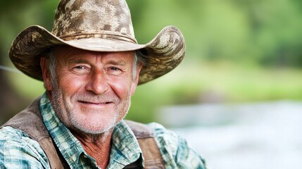 Smiling Senior Man with Cowboy Hat Enjoying Nature on a Sunny Day by a River
