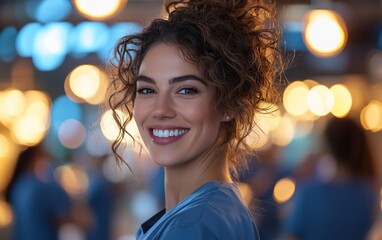 Happy woman with curly hair smiling.