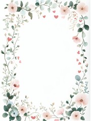 walentynki, kwiatowa ramka, serca, pastelowe kolory, delikatne kwiaty, minimalistyczny styl, romantyczny nastr&oacute;j, białe tło, subtelne detale, prostota, elegancja, sztuka ilustracji, miłość, miłosne s