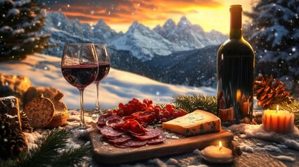 Cozy Winter Picnic with Wine, Cheese, and Meat Charcuterie Board