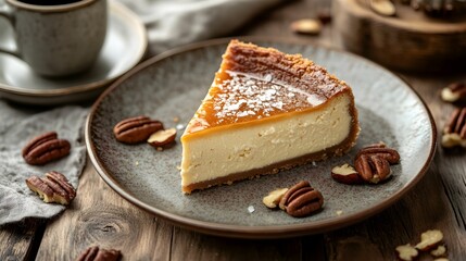 sernik, palone masło, deser, nowoczesny styl, elegancja, minimalistyczne tło, marmur, czarny talerz, matowa ceramika, apetyczne, karmel, sól morska, mikro zioła, stylizacja kulinarna, fotografia kulin