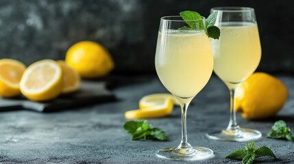 Homemade Limoncello spritz drink of liqueur, sparkling wine and lemon in cocktail glass