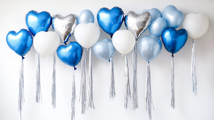 Blue, silver, white heart & round balloons with ribbons against white wall.