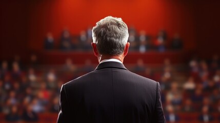 Fototapeta premium Business Speaker Addressing an Engaged Audience in a Conference Hall Setting