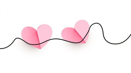 Fototapeta premium Romantic vector illustration of two pink paper hearts connected by a black line on a white background, symbolizing love, unity, and connection in minimalistic design.