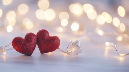 Fototapeta premium Romantic valentine's day theme with two hearts on pink glitter background surrounded by pink and purple hearts, high resolution, high quality and clear focus illustration.