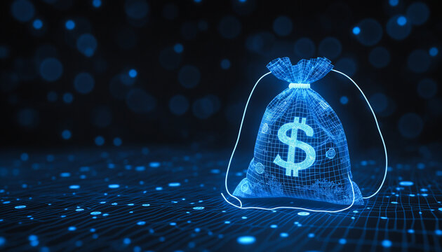 Hologram dollar symbol, Digital blue hologram money bag with a dollar sign