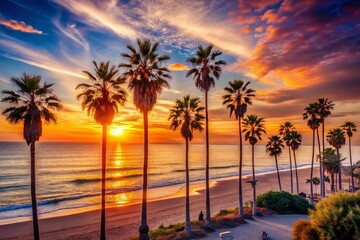 Obraz premium 80s California Sunset: Retro Palm Trees and Ocean View