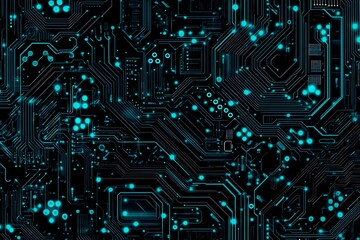 Abstract close-up of a glowing blue digital circuit board, showcasing intricate connections and technological design on a black background.
