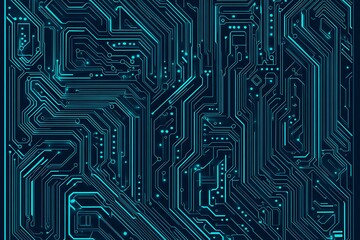 Abstract close-up of a glowing blue digital circuit board, showcasing intricate connections and technological design on a black background.
