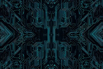 Abstract close-up of a glowing blue digital circuit board, showcasing intricate connections and technological design on a black background.

