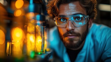 Fototapeta premium Scientist observing experiments in a laboratory setting.