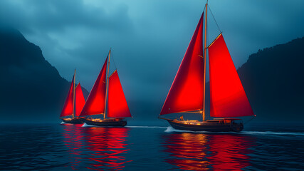 Naklejka premium Three sailboats are sailing in the water, with their sails lit up in red