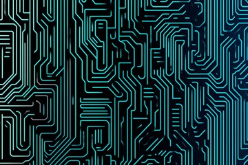 Abstract close-up of a glowing blue digital circuit board, showcasing intricate connections and technological design on a black background.
