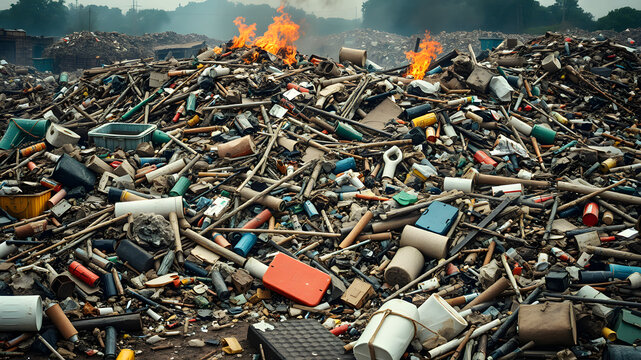 A pile of trash with a fire burning in the middle