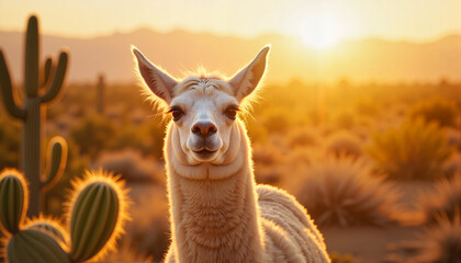 Obraz premium Playful llama peeking from behind cactus in golden hour desert, joy