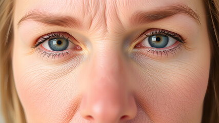 Obraz premium Woman's frown line wrinkles between eyebrows. Generative AI