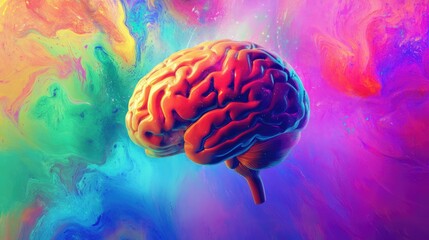 Obraz premium Human brain on colorful background. Health, technology, artificial intelligence, neurodiversity concept