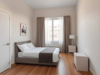 A bedroom with a bed, a nightstand, and a lamp