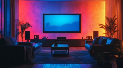 A modern home theater setup in a living room with RGB LED lighting, a large screen, and sleek furniture for an elevated movie-watching experience.