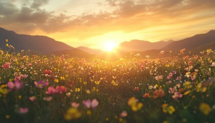 Obraz premium Golden Hour Blooms, A Vibrant Field of Wildflowers Bathed in the Warmth of a Mountain Sunset, Casting a Hazy and Serene Glow Over the Landscape