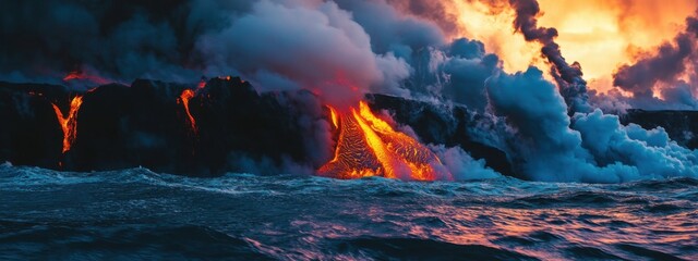 An extraordinary view of the lava flows cascading into the ocean at the Kilauea Volcano, creating steam plumes at sunset, Lava ocean entry scene