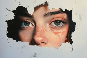 Woman Peering Through a Cracked Wall